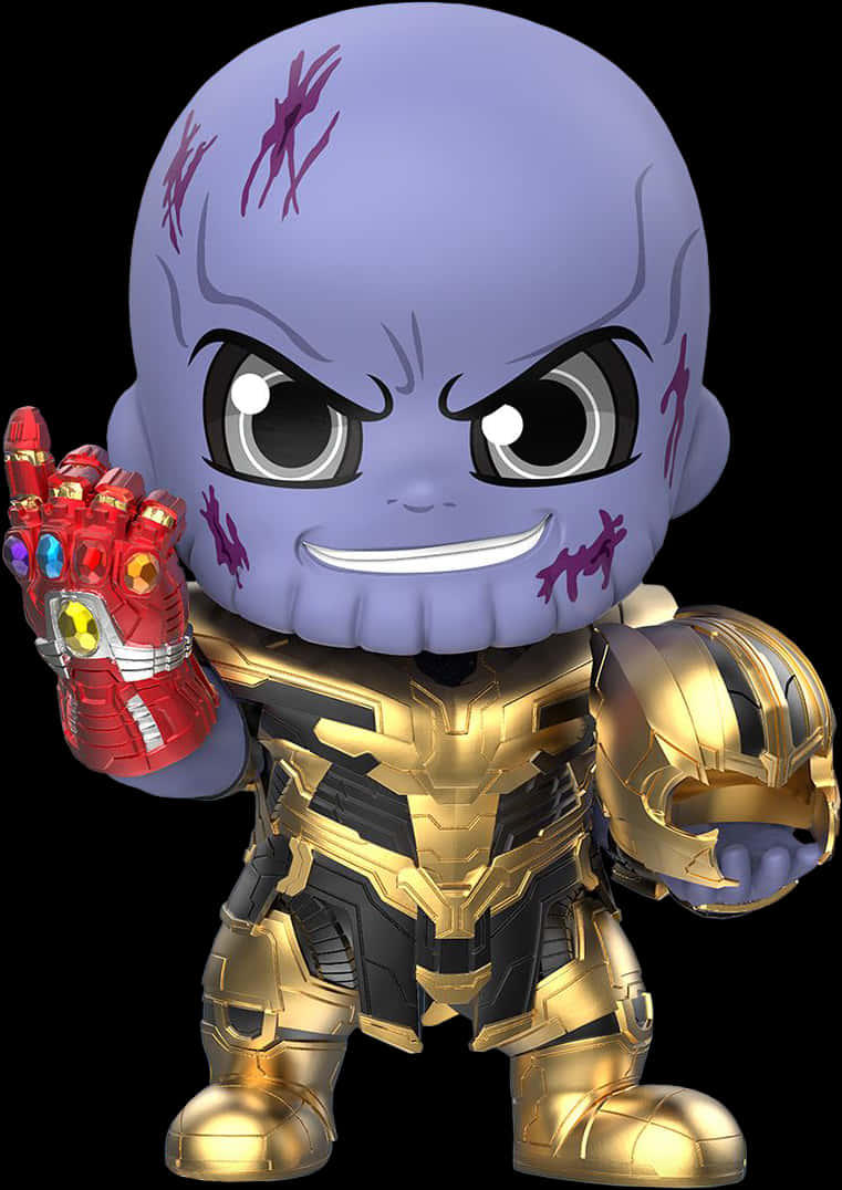 A Toy Figure Of A Purple Head With A Gold And Red Armor And A Hand Up