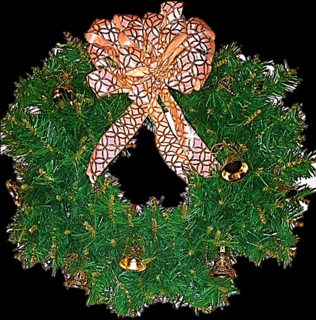A Green Wreath With Gold Bells And A Pink Bow