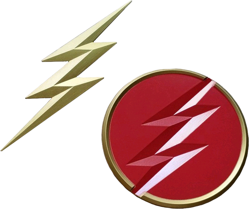 A Red And Gold Logo With Lightning Bolt In The Middle