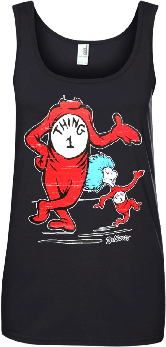 A Black Shirt With A Red Character And Blue Hair