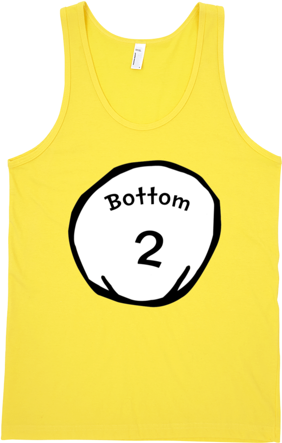 A Yellow Tank Top With A White Circle With Black Text