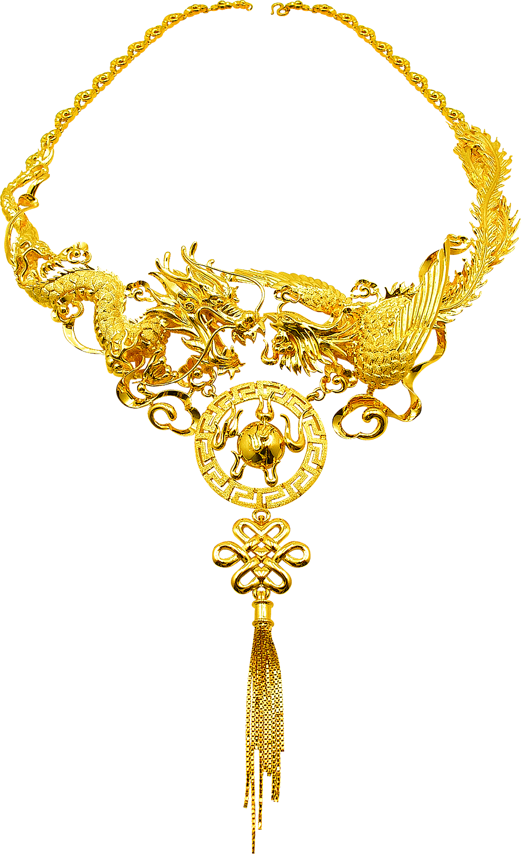 A Gold Necklace With Dragons And A Tassel