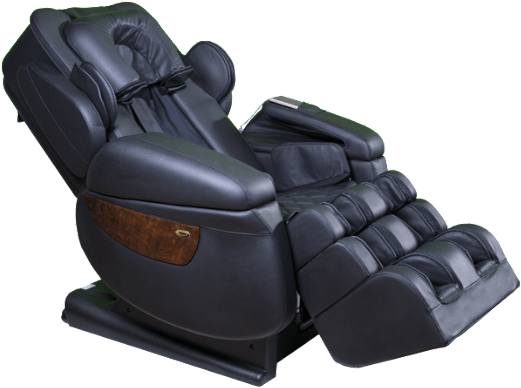 A Black Massage Chair With A Brown Arm Rest