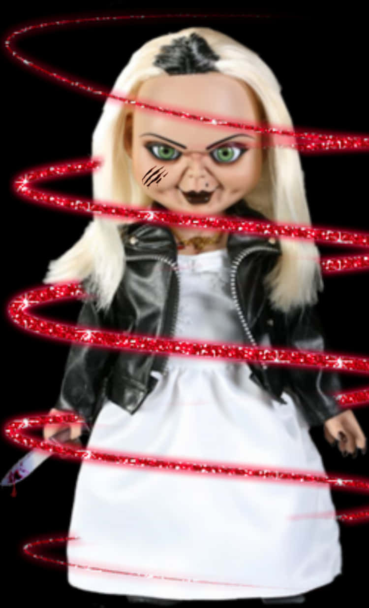 A Doll With A Black Jacket And Red Spirals