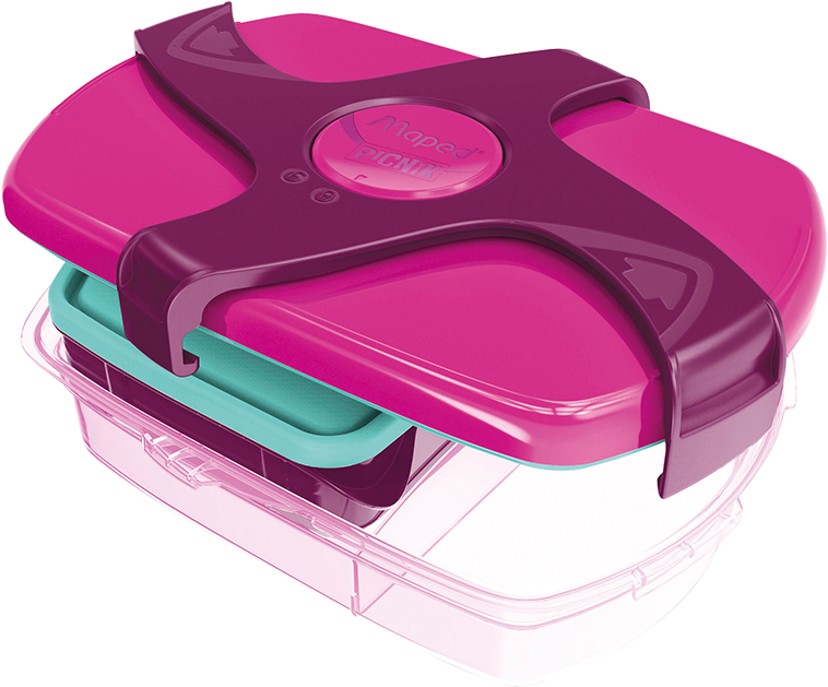 A Plastic Food Container With A Purple And White Lid