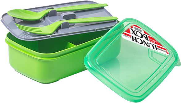 A Green Plastic Container With A Lid And A Fork