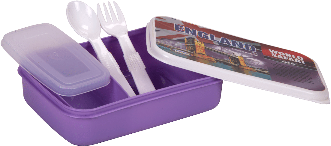 A Purple Plastic Container With A Fork And Spoon