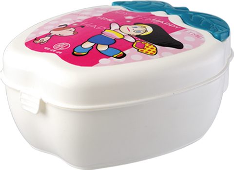 A White Container With A Pink And Blue Lid