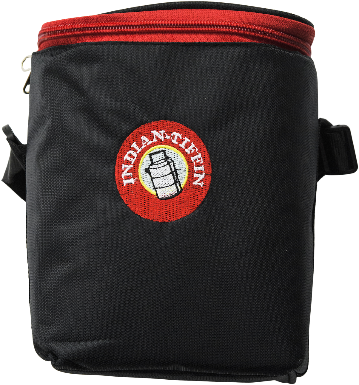 A Black And Red Bag With A Red Logo
