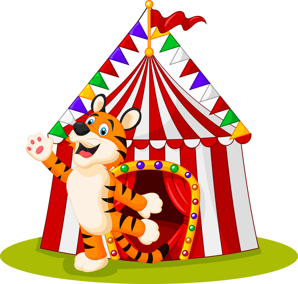 A Cartoon Tiger Waving In Front Of A Circus Tent