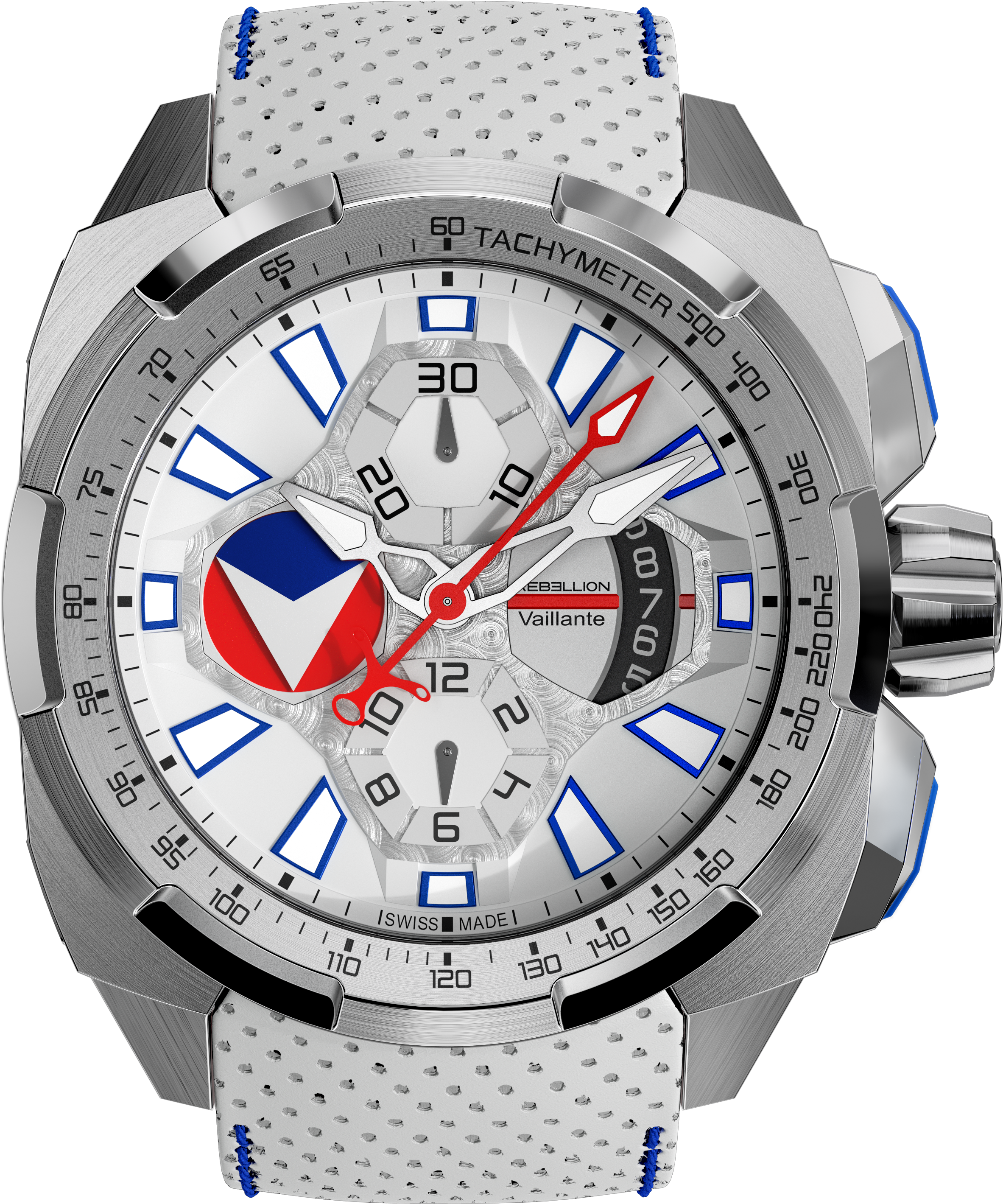 A Silver Watch With Red And Blue Accents