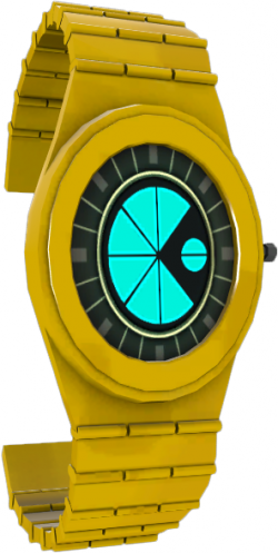 A Yellow Watch With A Blue Circle On It