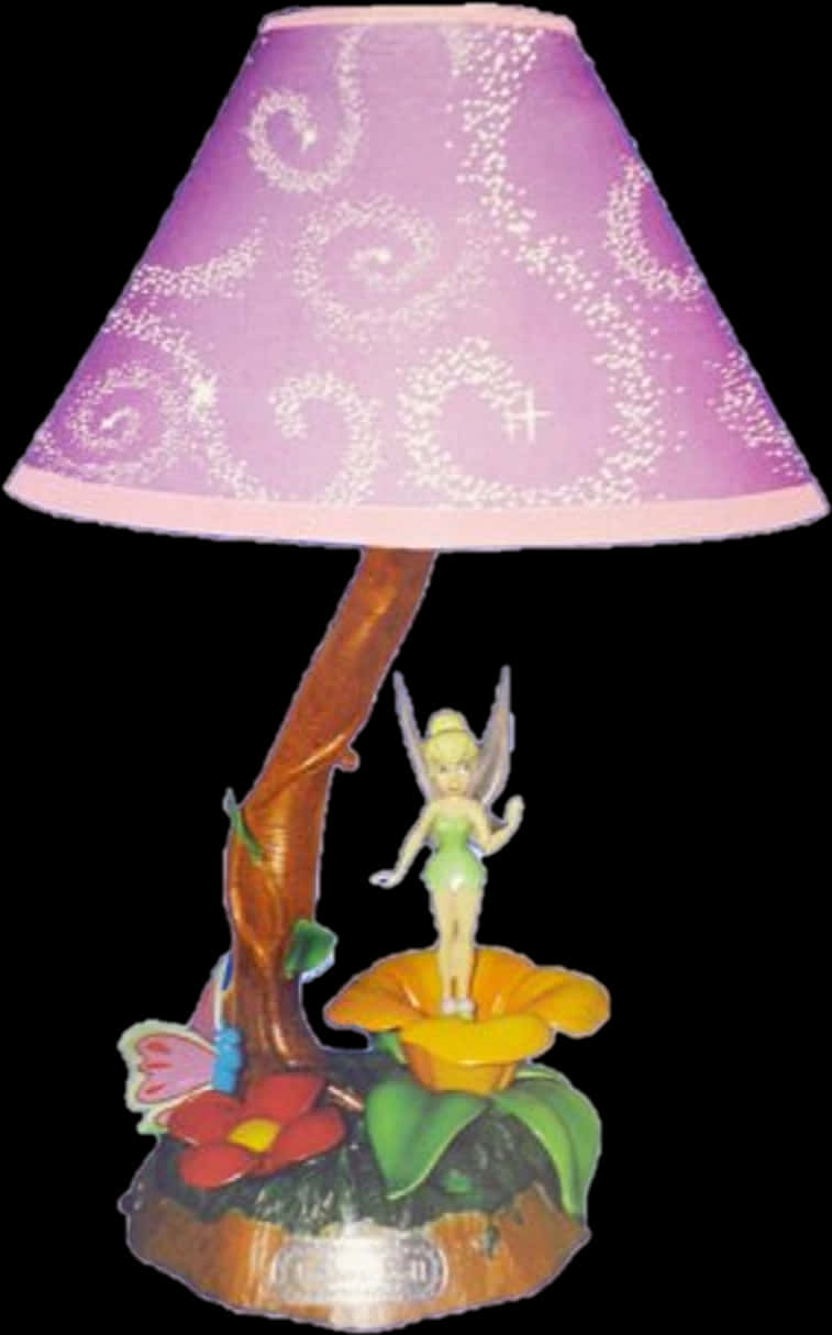 A Small Pink And Purple Lamp Shade With A Fairy On It