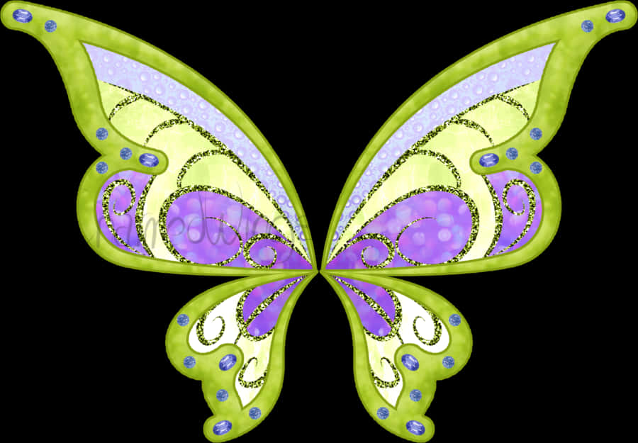 A Pair Of Wings With Glittery Green And Purple Designs
