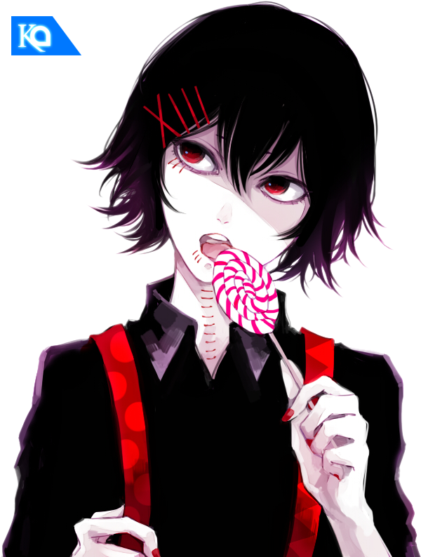 A Cartoon Of A Girl With Red Eyes And A Lollipop