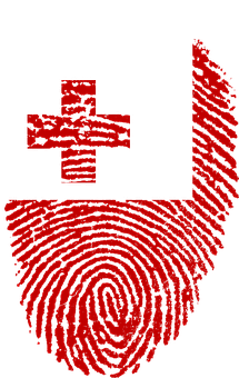 A Red And White Fingerprint With A Cross