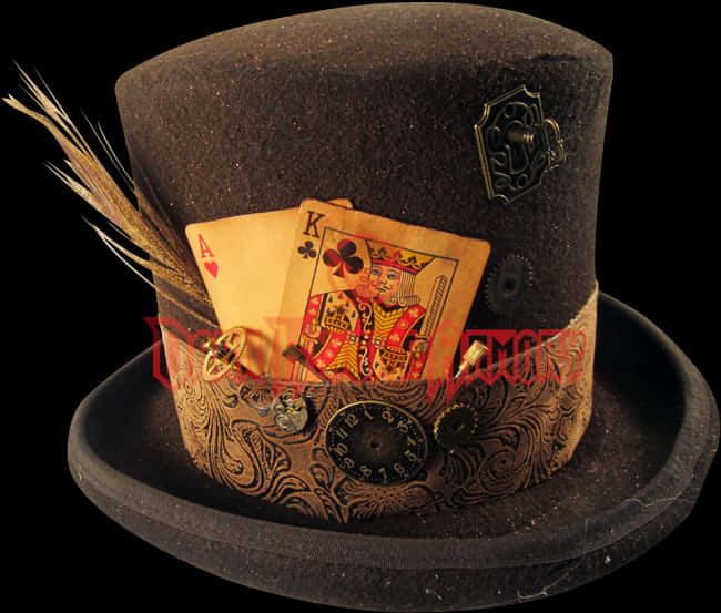 A Black Top Hat With Cards And Feathers