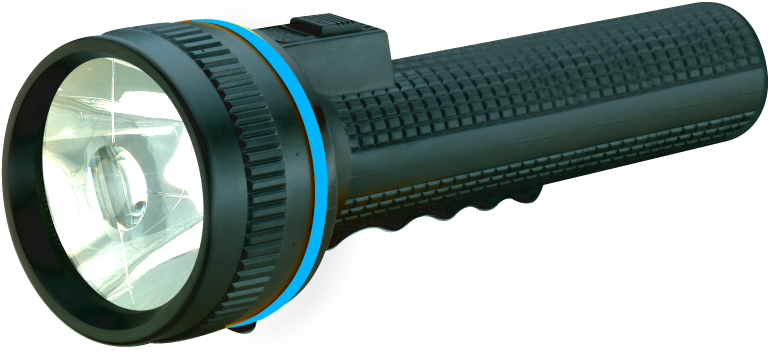 A Black Flashlight With A Blue Band