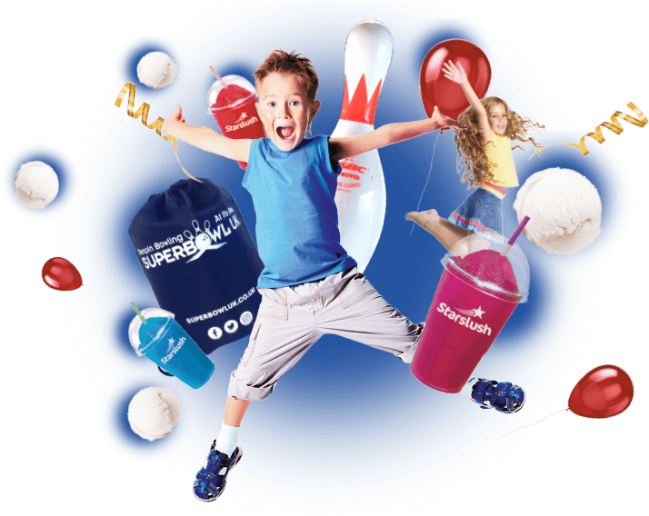 A Boy Jumping In The Air With Balloons And A Bowling Pin