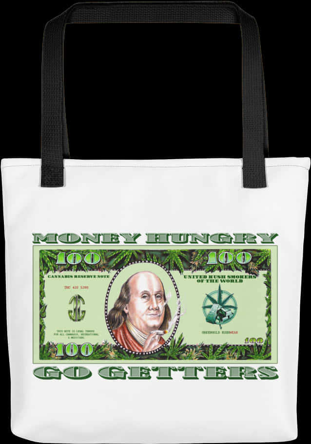 A White Bag With A Picture Of A Man And Money