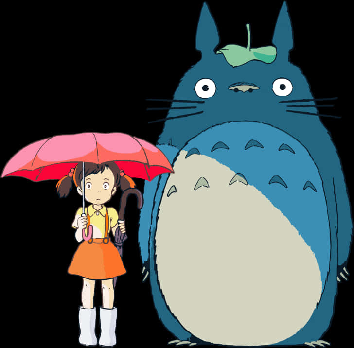 A Cartoon Of A Girl Holding An Umbrella Next To A Large Blue And White Cat