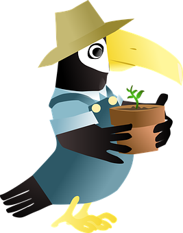 A Cartoon Bird Holding A Potted Plant