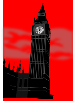 A Clock Tower With A Red Background