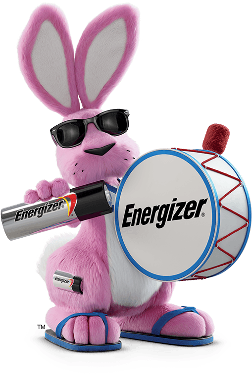A Pink Rabbit Wearing Sunglasses Holding A Drum And A Battery