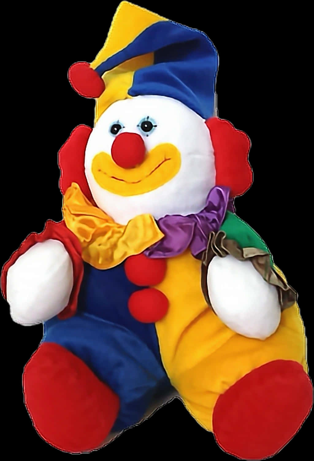 A Stuffed Toy Clown With A Hat And Scarf