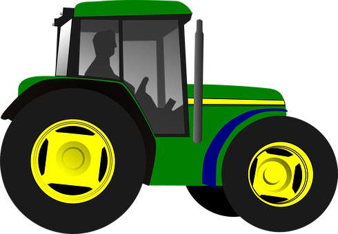 A Green Tractor With Yellow And Blue Stripes