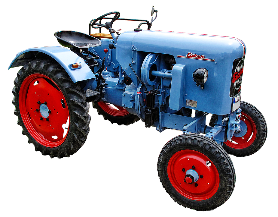 A Blue Tractor With Red Wheels