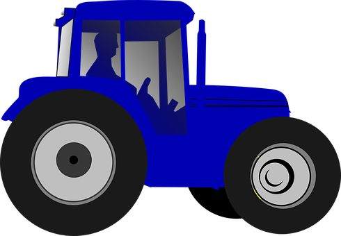 A Blue Tractor With A Man In The Driver's Seat