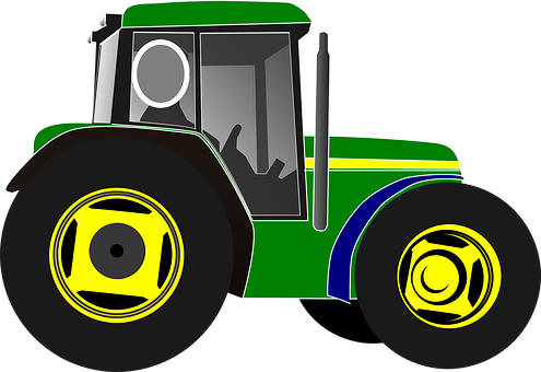 A Green Tractor With Yellow And Blue Tires