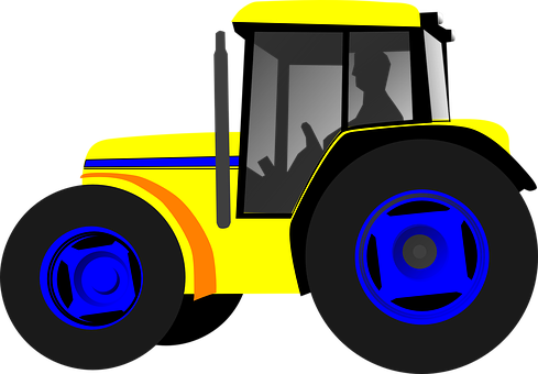 A Yellow Tractor With Blue Wheels