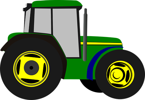 A Green Tractor With Yellow And Blue Wheels