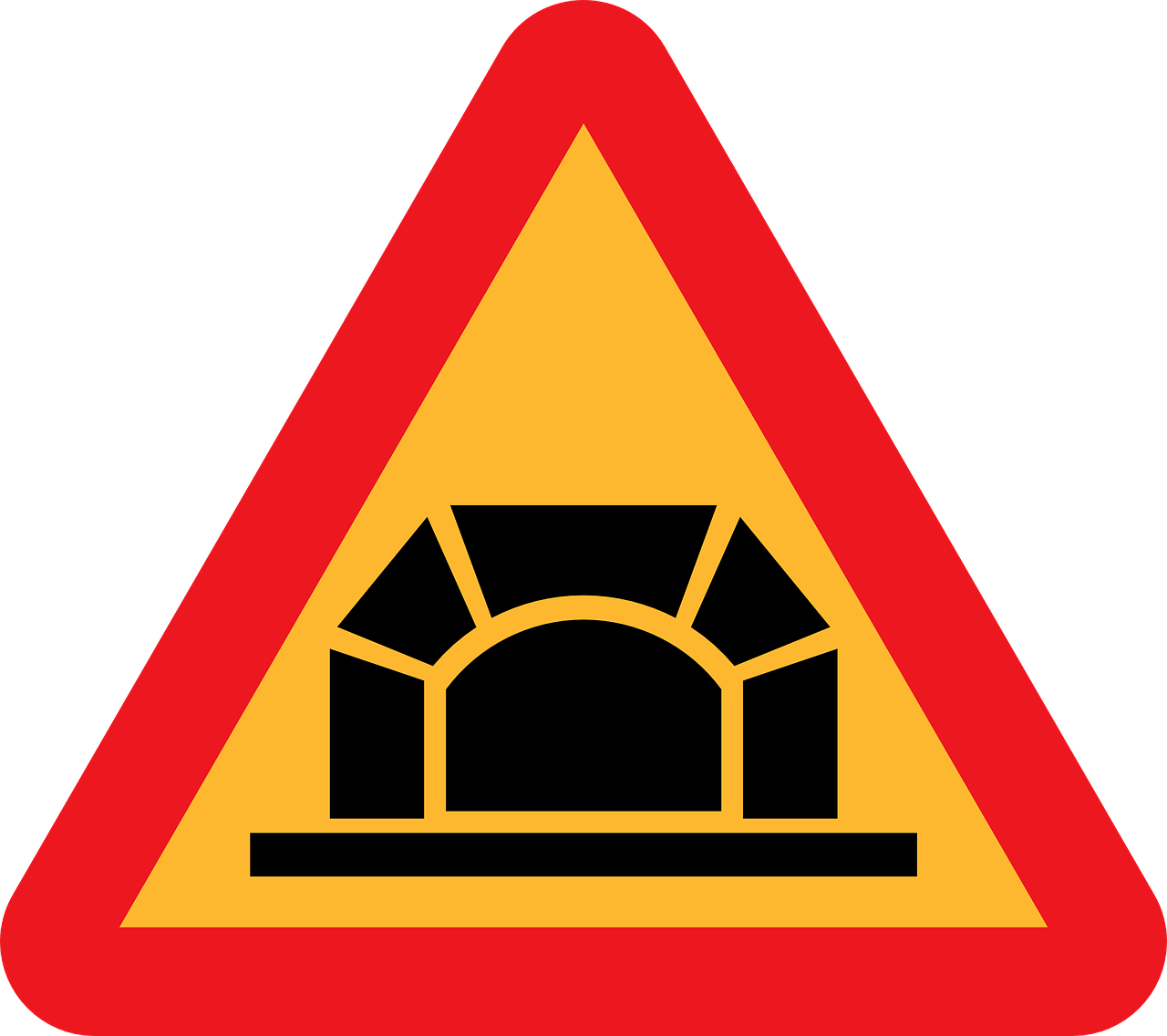 A Yellow And Red Sign With A Tunnel In The Middle