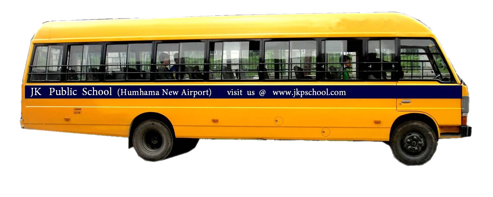 A Yellow School Bus With Blue And White Text