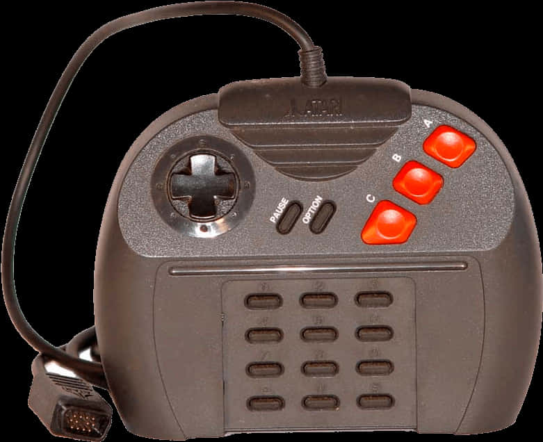 A Black Gaming Controller With Red Buttons And A Black Cord