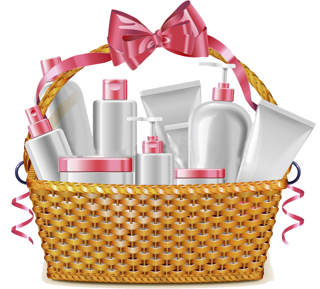 A Basket With A Bow And A Variety Of Cosmetics