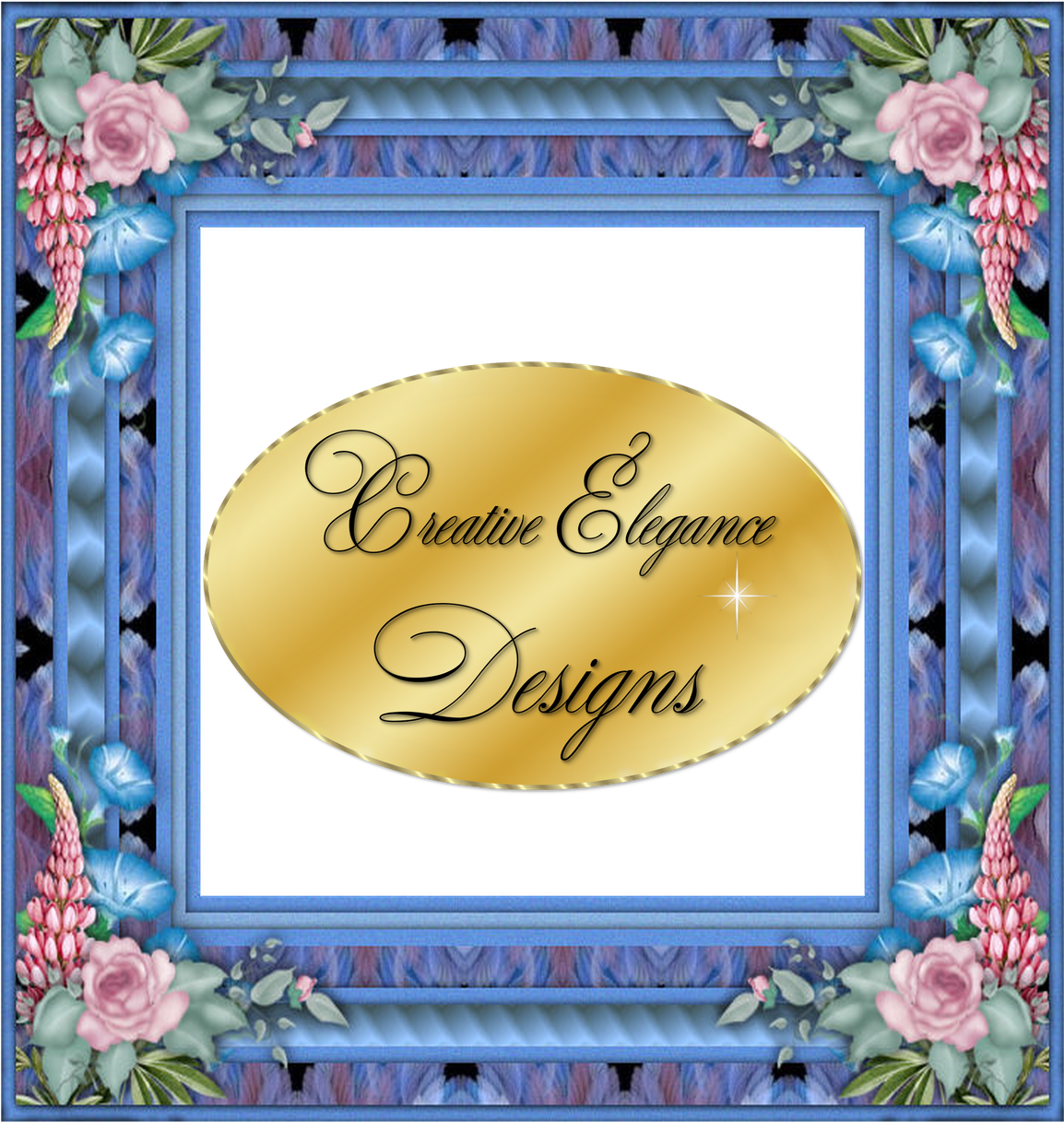 A Blue And Gold Frame With Flowers And Leaves