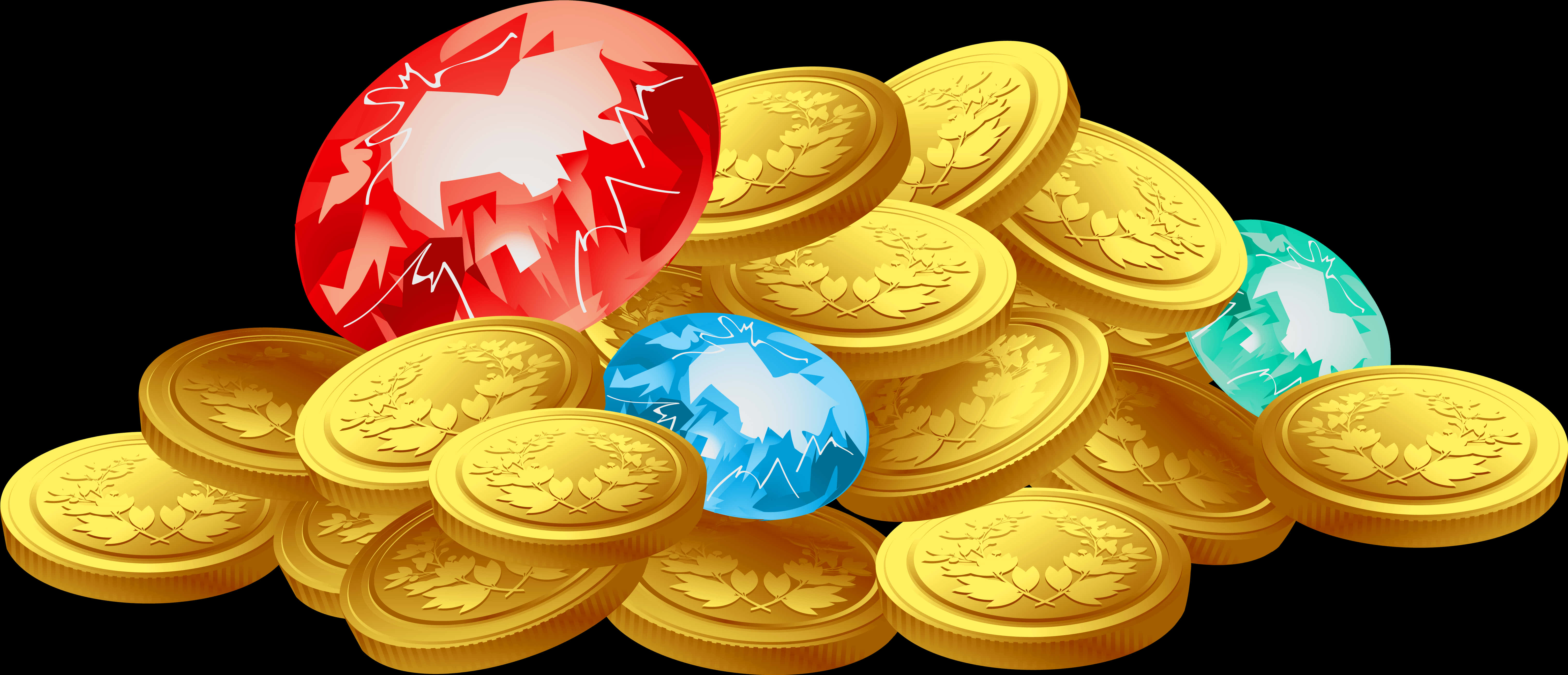 A Pile Of Gold Coins With A Red Ball And Blue Gems