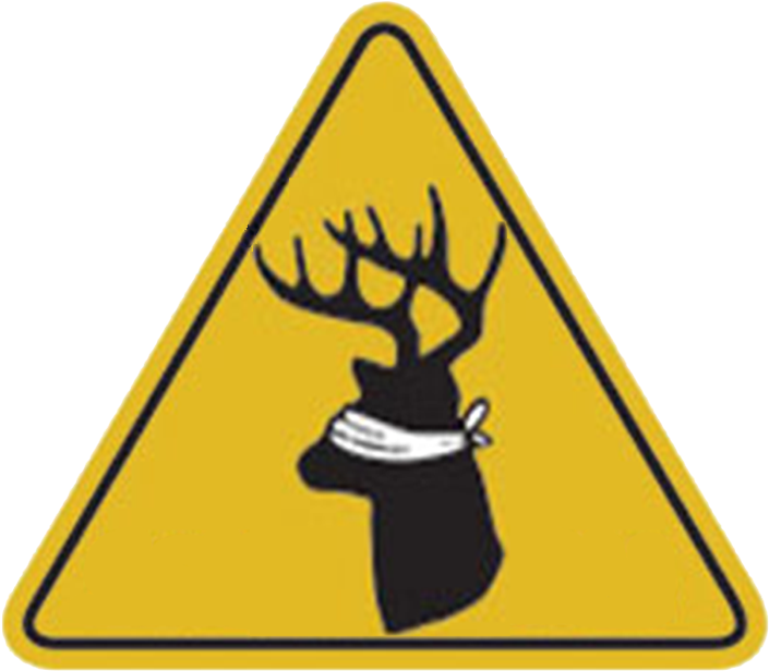 A Yellow Triangle Sign With A Black And White Deer Head