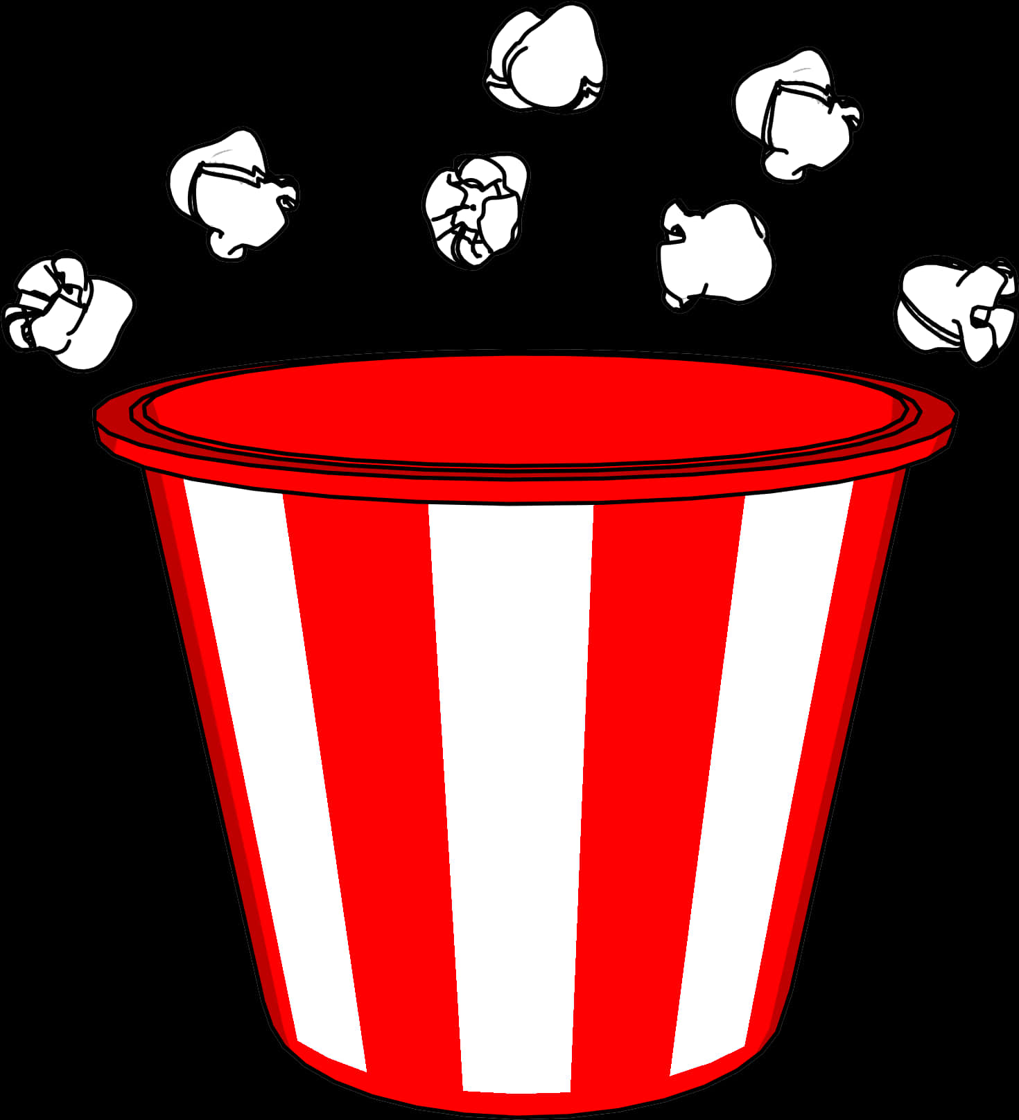 A Red And White Striped Bucket With Popcorn Flying Out Of It