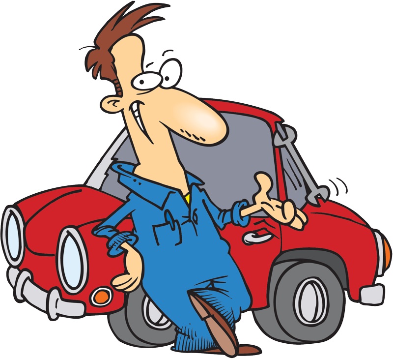 A Cartoon Of A Man In Coveralls Next To A Red Car