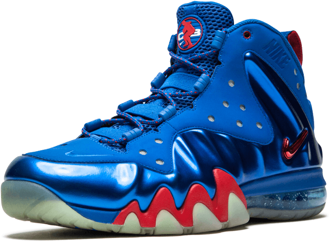 A Blue And Red Basketball Shoe