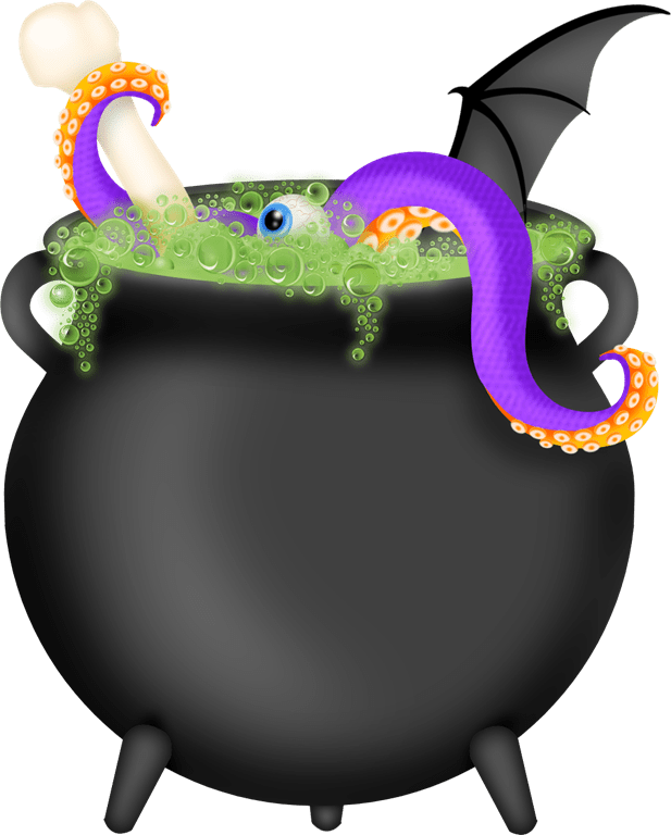 A Cauldron With A Purple And Orange Tentacles And A Bat