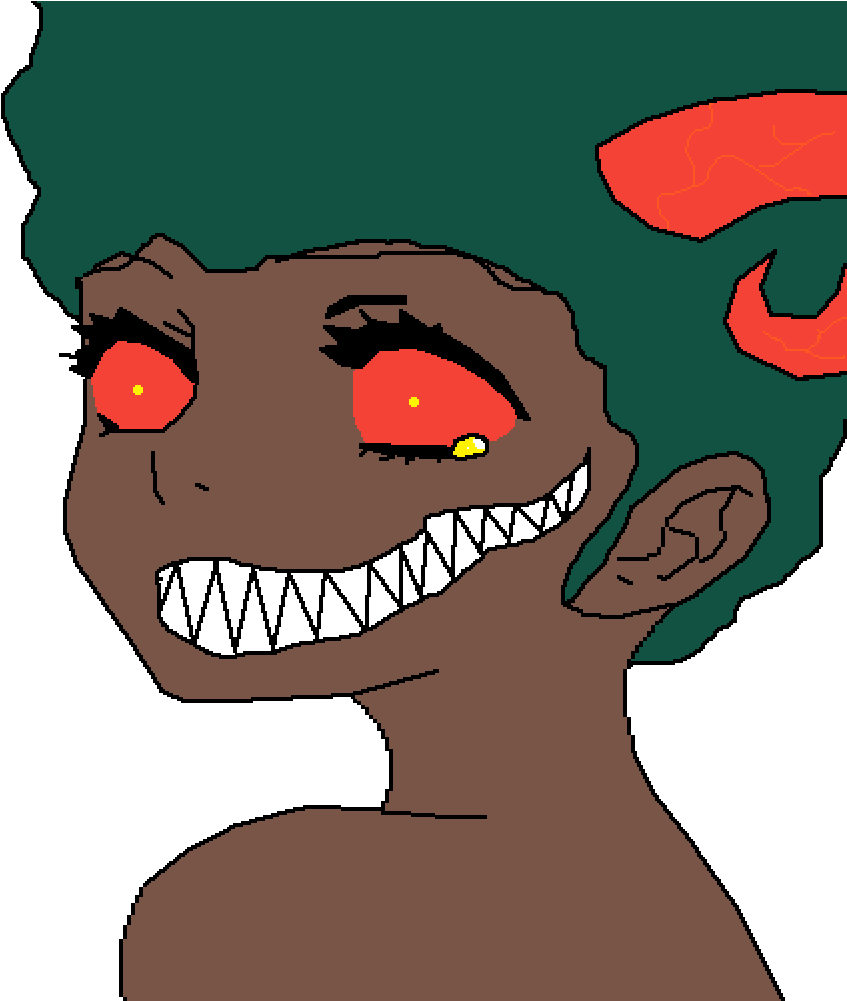 A Cartoon Of A Woman With Green Hair And Red Eyes
