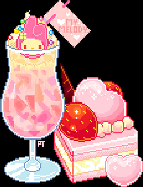 A Pixel Art Of A Drink And A Piece Of Cake