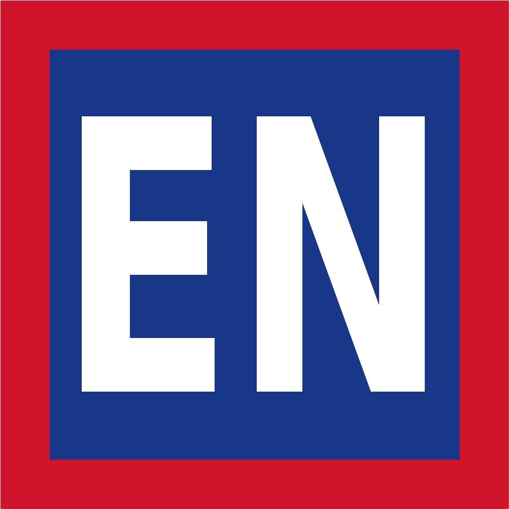 A Red And Blue Square With White Letters