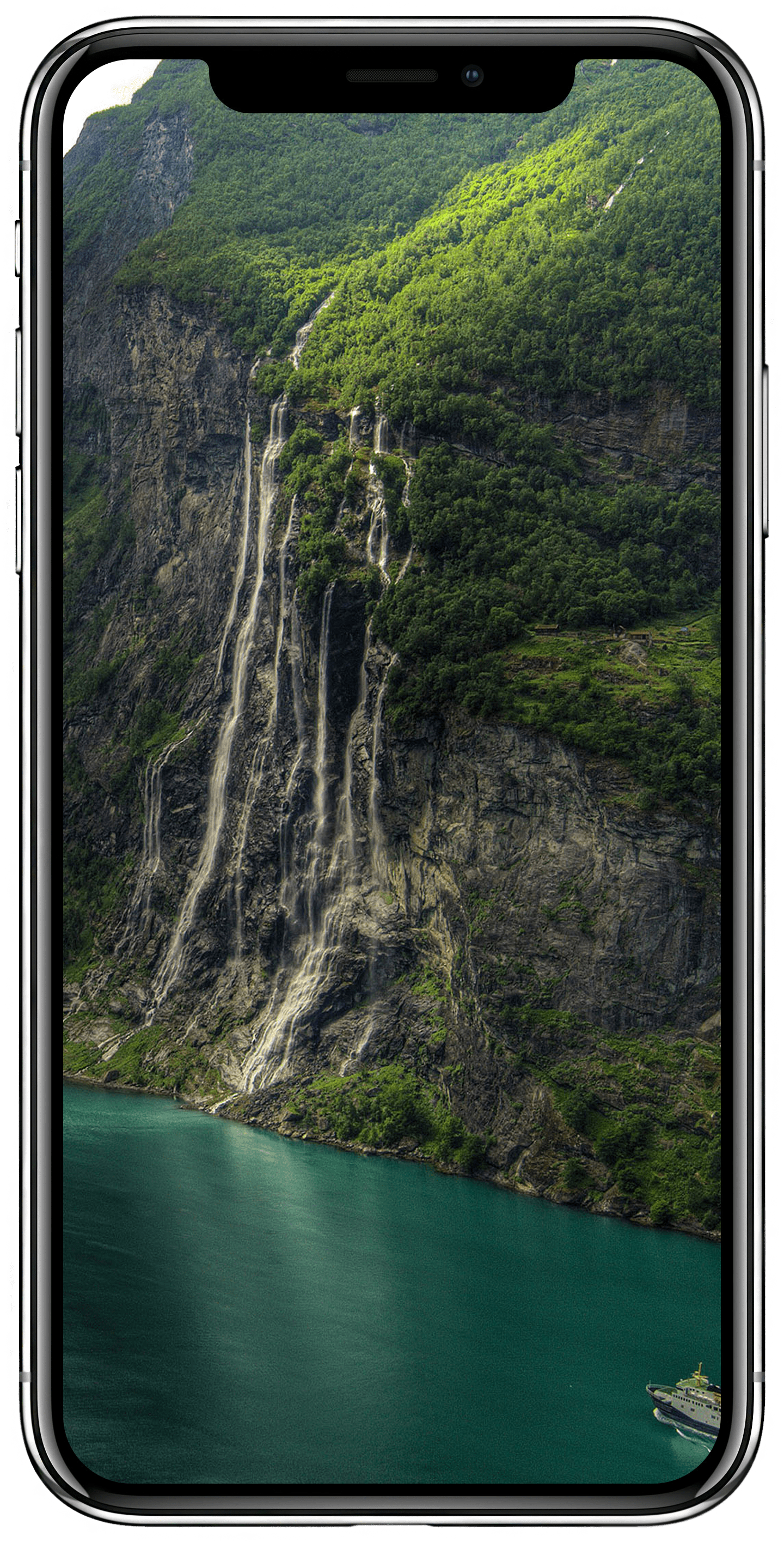 A Phone Screen With A Waterfall And A Body Of Water